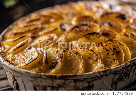 Golden-brown gratin potatoes, neatly arranged in a white ceramic bowl. However, in Slovakia, this dish is known primarily at home as French potatoes. Golden-brown gratin potatoes, neatly arranged in a white ceramic bowl. However, in Slovakia, this dish is known primarily at home as French potatoes. 137734559