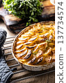 Golden-brown gratin potatoes, neatly arranged in a white ceramic bowl and garnished with fresh herbs. In Slovakia, however, this dish is known primarily at home as French potatoes 137734574