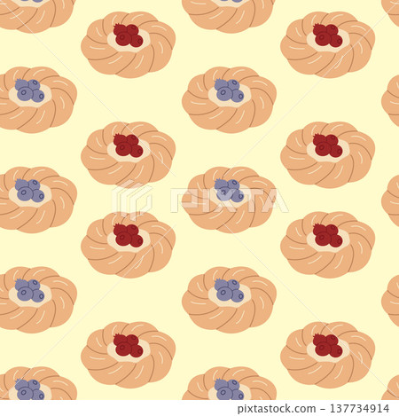 Sweet danish pastry with berries seamless pattern vector illustration. 137734914