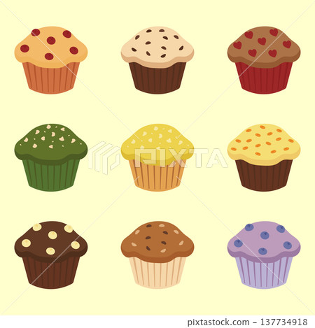 Sweet cupcakes and muffins collection with different flavors vector illustration. Sweet cupcakes and muffins collection with different flavors vector illustration. 137734918
