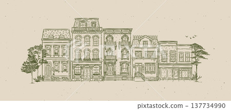 Street from houses composition old fashioned style green 137734990