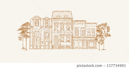 Street from townhouses composition old fashioned style beige Street from townhouses composition old fashioned style beige 137734991