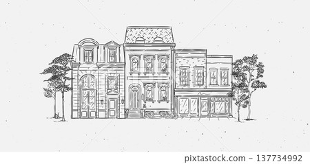 Street from townhouses composition old fashioned style black Street from townhouses composition old fashioned style black 137734992