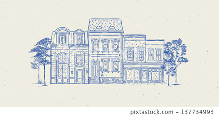 Street from townhouses composition old fashioned style blue Street from townhouses composition old fashioned style blue 137734993