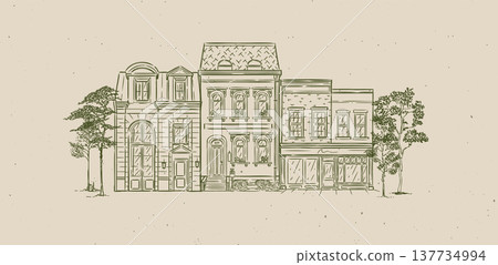 Street from townhouses composition old fashioned style green Street from townhouses composition old fashioned style green 137734994