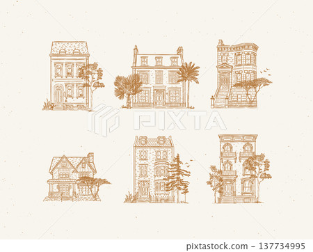Townhouses in vintage style collection beige 137734995