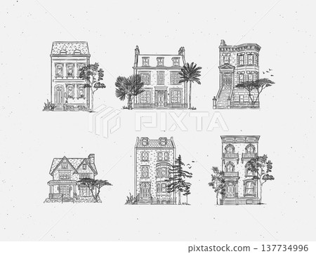 Townhouses in vintage style collection black Townhouses in vintage style collection black 137734996