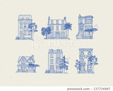 Townhouses in vintage style collection blue Townhouses in vintage style collection blue 137734997