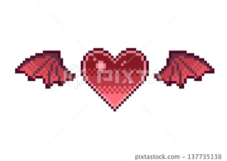 Pixel art: Cute decorative illustration of hearts and bat wings. Pixel art, devil, decoration, wings. 137735138