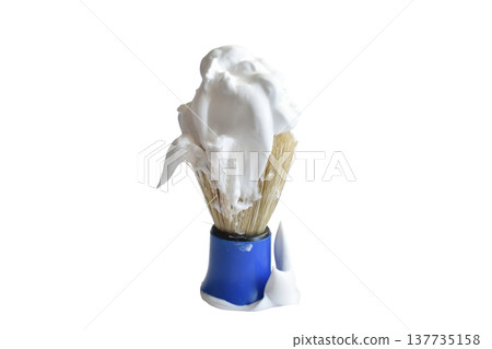 Shaving brush with blue handle and foam. 137735158