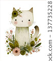 A natural portrait of a white cat surrounded by flowers and greenery. 137735228