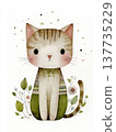 A calico cat with big, round eyes and botanical decorative illustrations. 137735229