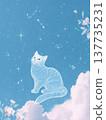 A ethereal, translucent cat playing with stars above the clouds. 137735231