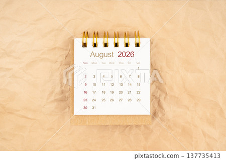 August 2026 mini desk calendar on old paper. August 2026 mini desk calendar on old paper. 137735413