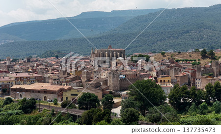 Montblanc medieval town panoramic view with Santa Maria church Montblanc medieval town panoramic view with Santa Maria church 137735473