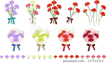 Carnation bouquet, cute ribbon bouquet, Mother's Day illustration, gift icon set Carnation bouquet, cute ribbon bouquet, Mother's Day illustration, gift icon set 137735713