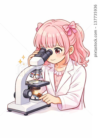 一位科學女孩正在用顯微鏡觀察。 137735936
