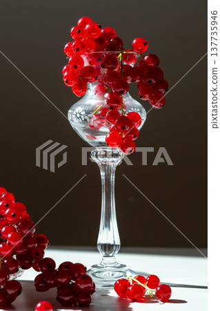 bunches of red currants in a glass goblet on a black background bunches of red currants in a glass goblet on a black background 137735946