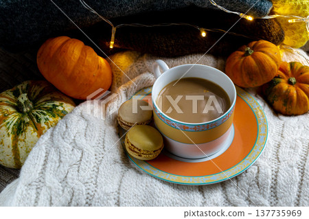A cup of coffee, macaroons, pumpkins and warm woolen knitted sweaters 137735969