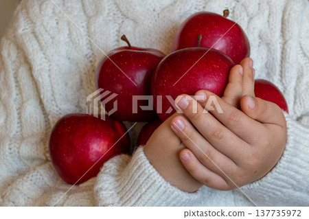 Red ripe apples in the hands of a child in a white knitted sweater Red ripe apples in the hands of a child in a white knitted sweater 137735972