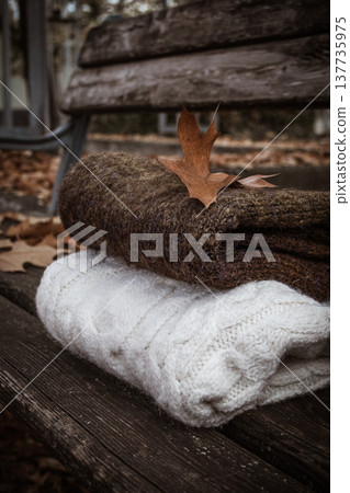 White and brown knitted sweaters on a wooden city bench under fallen oak leaves White and brown knitted sweaters on a wooden city bench under fallen oak leaves 137735975