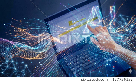 A laptop displaying data, likely a spreadsheet, overlaid with futuristic graphical elements. The visualization shows digital transformation, data management, and artificial intelligence technology A laptop displaying data, likely a spreadsheet, overlaid with futuristic graphical elements. The visualization shows digital transformation, data management, and artificial intelligence technology 137736152