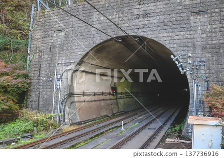 Train Tracks Lead Into Dark Hozukyo Mountain Tunnel 137736916