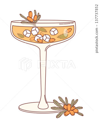 Sea Buckthorn Gourmet Cocktail in Coupe Glass. Elegant Alcohol Drink with Ice Cubes, Mint and Fresh Berry. Refreshing Cocktail. Isolated Vector Illustration. Sea Buckthorn Gourmet Cocktail in Coupe Glass. Elegant Alcohol Drink with Ice Cubes, Mint and Fresh Berry. Refreshing Cocktail. Isolated Vector Illustration. 137737852