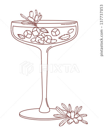 Outline Sea Buckthorn Gourmet Cocktail in Coupe Glass. Elegant Alcohol Drink with Ice Cubes, Mint and Berry. Refreshing Cocktail. Isolated Line drawing, coloring page. Vector Illustration. Outline Sea Buckthorn Gourmet Cocktail in Coupe Glass. Elegant Alcohol Drink with Ice Cubes, Mint and Berry. Refreshing Cocktail. Isolated Line drawing, coloring page. Vector Illustration. 137737853