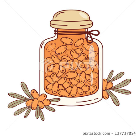 Homemade Small Jar of Sea Buckthorn Jam. Vector Illustration. Orange Delicious Vitamin Eco harvest Food. Storage Nutrition. Homemade Small Jar of Sea Buckthorn Jam. Vector Illustration. Orange Delicious Vitamin Eco harvest Food. Storage Nutrition. 137737854