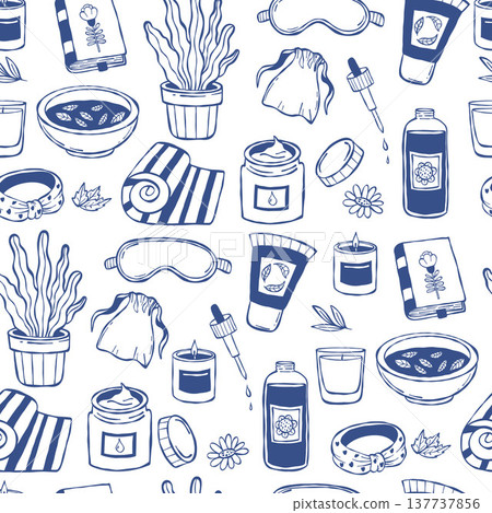 Blue Wellness Sleep and Spa Accessories Seamless Pattern. Cosmetics, Creams, Sleep Mask, Yoga Mat Flowerpot and Candle on White Background. Line Art hand-drawn. Vector Illustration Blue Wellness Sleep and Spa Accessories Seamless Pattern. Cosmetics, Creams, Sleep Mask, Yoga Mat Flowerpot and Candle on White Background. Line Art hand-drawn. Vector Illustration 137737856