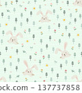 Cute bunnies with blooming flowers on spring garden seamless pattern 137737858