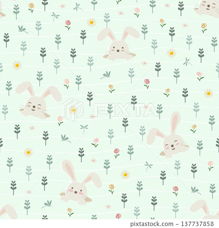 Cute bunnies with blooming flowers on spring garden seamless pattern Cute bunnies with blooming flowers on spring garden seamless pattern 137737858
