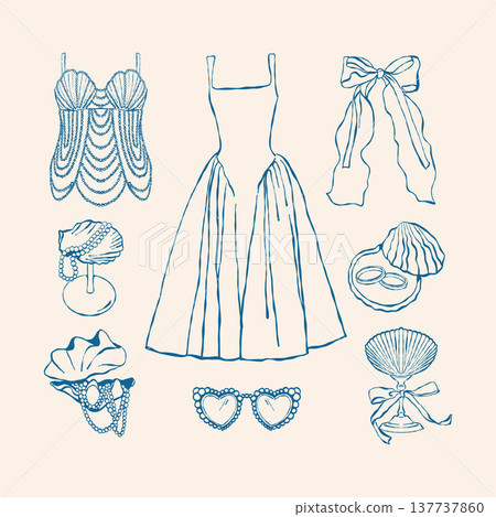 A set of womens summer accessories and clothing in a vintage line style. Vector illustrations for weddings and parties in a coastal style. Dress, shells, pearls, bows and beach accessories. 137737860