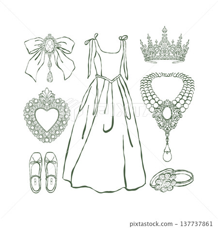A set of vintage womens wedding accessories. Dress, shoes, bows, crown, necklace, ring, brooch. A collection of illustrations in the Rococo and Baroque styles. Historical womens costume. Vector 137737861
