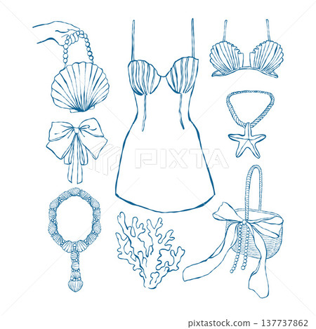 A set of womens summer accessories and clothing in a vintage line style. Vector illustrations for weddings and beach parties in a coastal style. Dress, shells, pearls, bows, mirror, swimsuit, coral 137737862