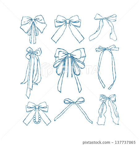 A set of vintage-style bows. Illustrations of blue ribbon bows in outline vector. Vector clip art in Rococo, Baroque, and Victorian styles. Design elements for weddings, birthdays, Valentines Day A set of vintage-style bows. Illustrations of blue ribbon bows in outline vector. Vector clip art in Rococo, Baroque, and Victorian styles. Design elements for weddings, birthdays, Valentines Day 137737865