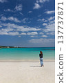 A woman walking on a white sandy beach towards the emerald sea. 137737871