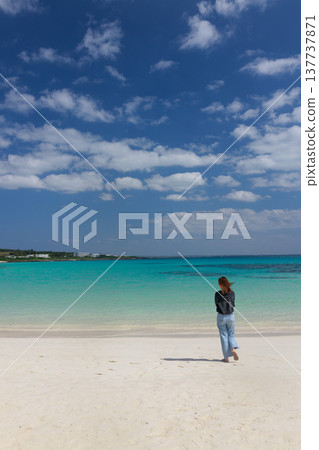 A woman walking on a white sandy beach towards the emerald sea. 137737871