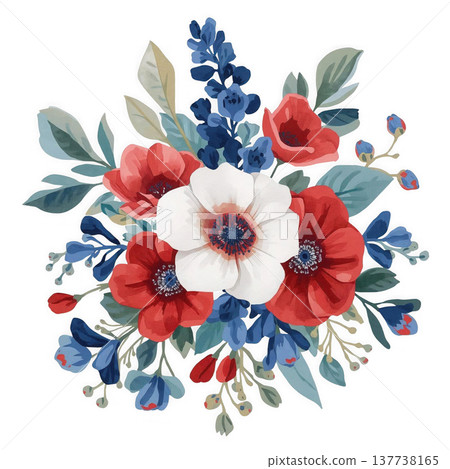 Red White and Blue Wildflower Bouquet Watercolor Floral Illustration Red White and Blue Wildflower Bouquet Watercolor Floral Illustration 137738165