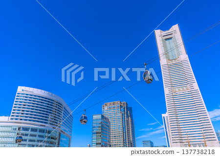 Yokohama cityscape, Japan, March 15th. View of Yokohama Landmark Tower, Yokohama Air Cabin, and other landmarks. 137738218