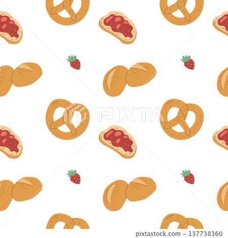 Cute bakery seamless pattern with pretzels buns and jam toast Cute bakery seamless pattern with pretzels buns and jam toast 137738360