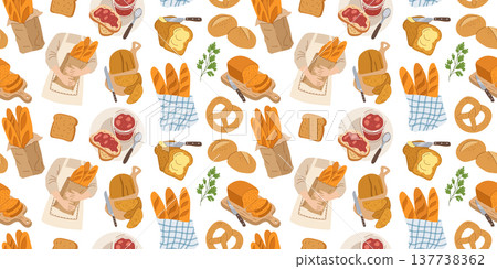 Large bakery seamless pattern with assorted breads pretzels and toast Large bakery seamless pattern with assorted breads pretzels and toast 137738362