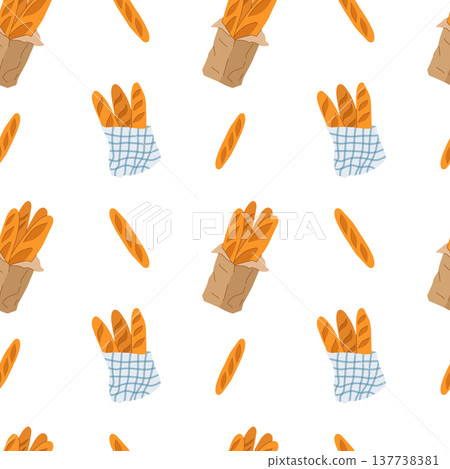 Seamless pattern with french baguettes in paper bags and cloth Seamless pattern with french baguettes in paper bags and cloth 137738381