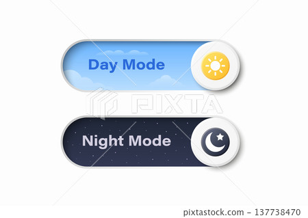 Vector 3d Day Mode and Night Mode Toggle Switch Set. Light and Dark Theme UI Buttons with Sun and Moon Icons. App Interface Control Element for Web and Mobile Design Vector 3d Day Mode and Night Mode Toggle Switch Set. Light and Dark Theme UI Buttons with Sun and Moon Icons. App Interface Control Element for Web and Mobile Design 137738470