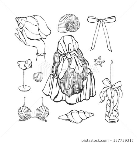 A set of womens summer accessories in a vintage line style. Girl, glasses, candles, seashells, bows, swimsuit. Vector illustrations for beach parties in a coastal style. Beach accessories clipart in A set of womens summer accessories in a vintage line style. Girl, glasses, candles, seashells, bows, swimsuit. Vector illustrations for beach parties in a coastal style. Beach accessories clipart in 137739315