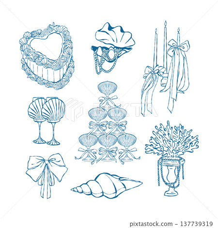 A set of summer vintage vector illustrations featuring coastal weddings, picnics, and parties. Whimsical nautical decor. Shells, cake, candles, bows, pearls, a tower of glasses. Outline clipart in 137739319