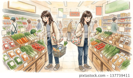 Grocery store twin girl vegetable supermarket broccoli shopping basket food aisle casual outfit smiling anime style cheerful twin girl grocery store choosing fresh vegetable and broccoli 137739411