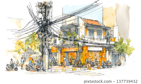Urban cafe street corner coffee shop outdoor seating city sketch watercolor illustration electric wire scooter local architecture daytime scene relaxed atmosphere urban cafe street corner coffee 137739432