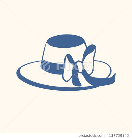 Illustration of a vintage wide brim hat with ribbon bow in line art style. Simple flat icon isolated on light background for fashion logo, summer branding and accessory design. Illustration of a vintage wide brim hat with ribbon bow in line art style. Simple flat icon isolated on light background for fashion logo, summer branding and accessory design. 137739543